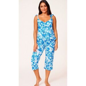 Oscar De La Renta Pajama Set Sz L‎ Pink Label Floral Blue Yellow Ruffle